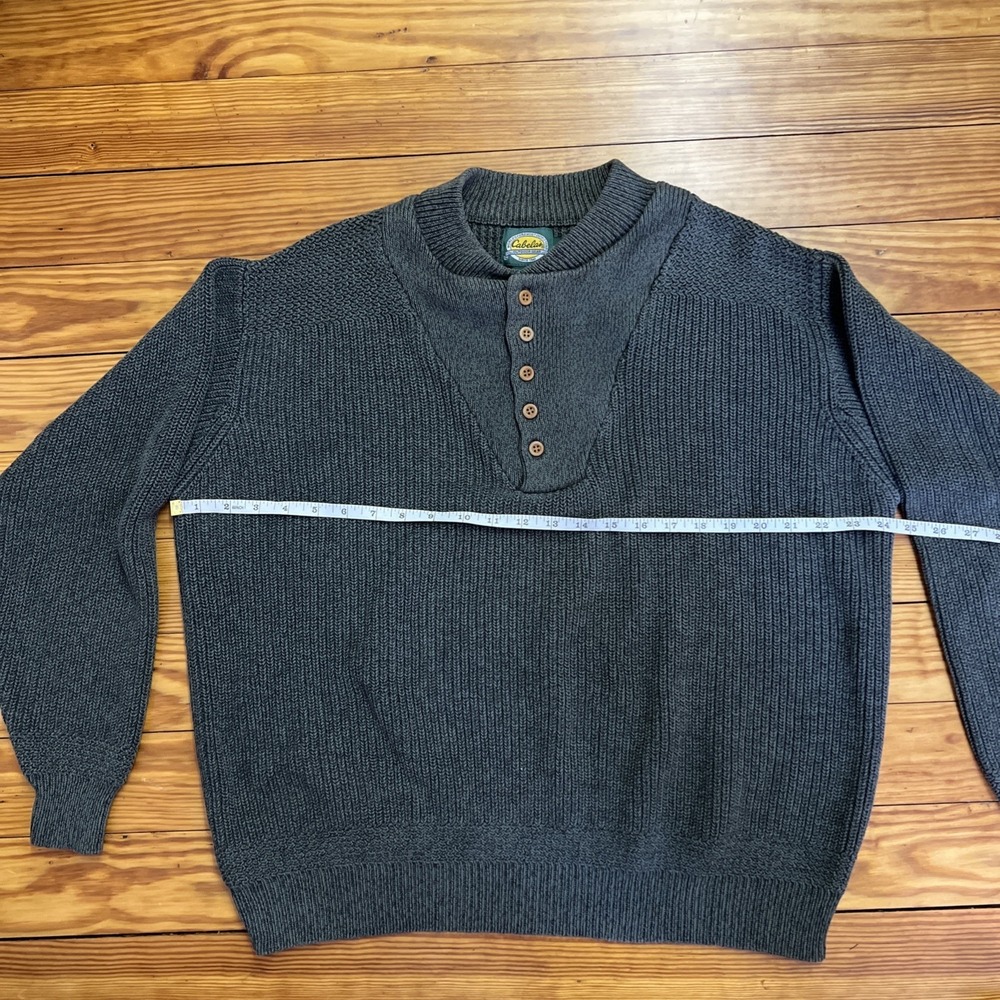 Cabela's Sweater Men's Large Green Chunky Knit Pullover Button Henley Neck - Picture 5 of 8